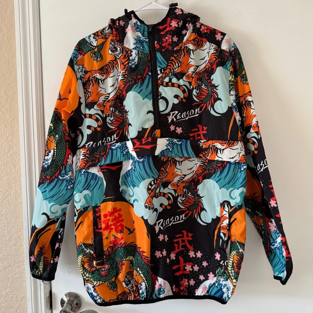 Reason Clothing Kanji Japan Print Dragon Half-Zip Anorak Hoodie Jacket Sz Medium
